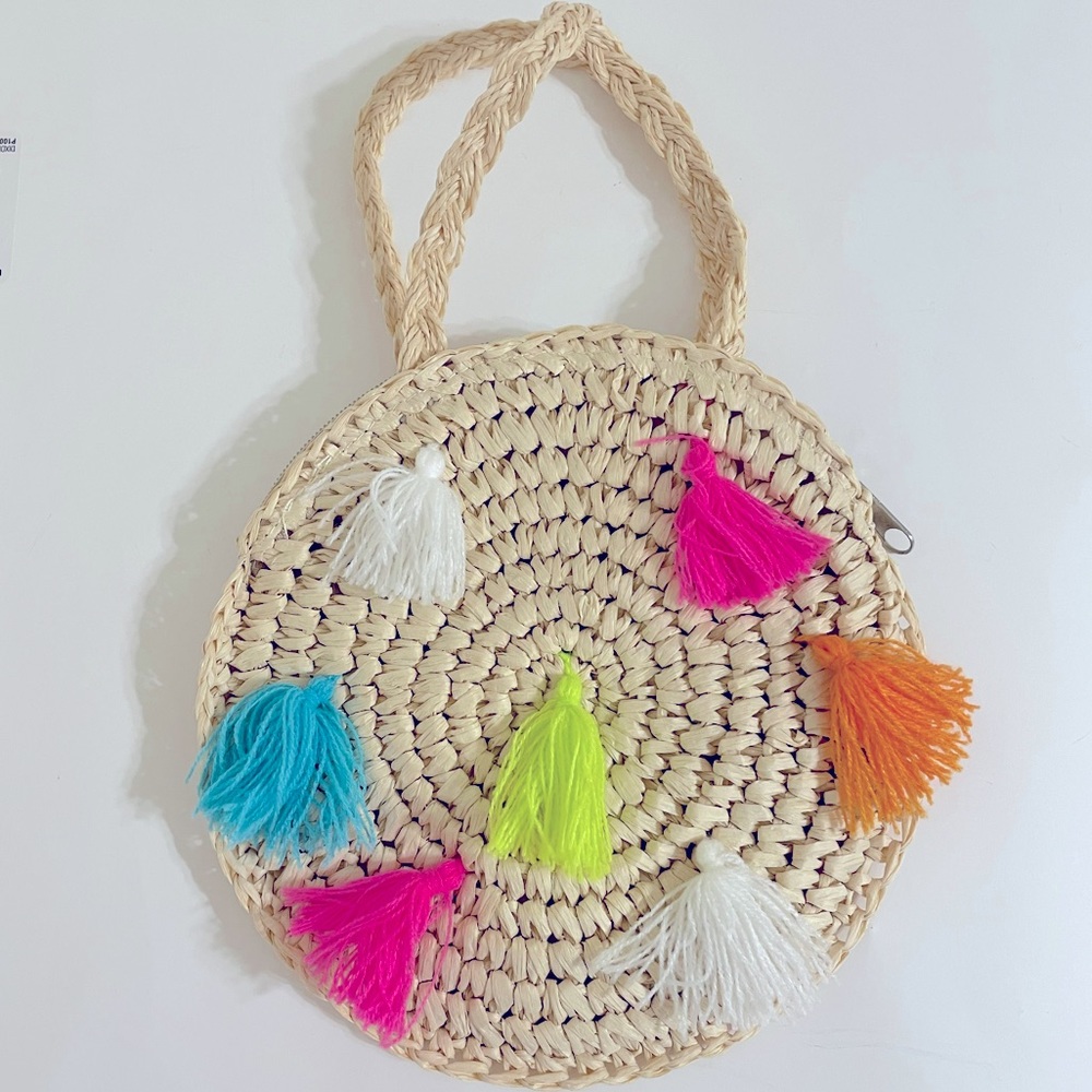 New MUD PIE Woven Straw Circle Hand Strap Mini Bag Pink Yellow Blue Orange